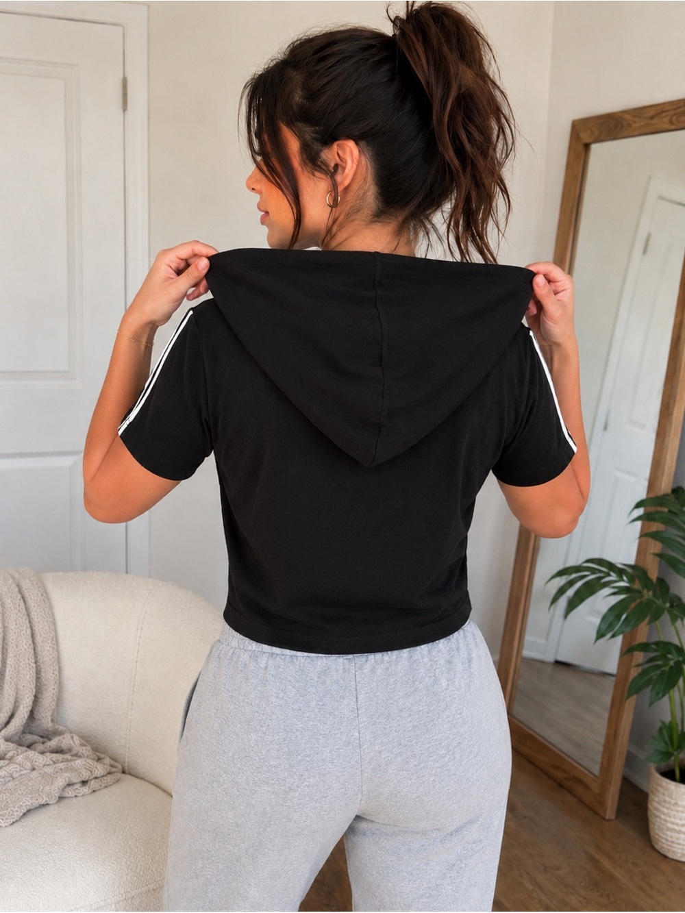 Black Short-Sleeve cotton Hoodie with White Stripe Accents Ambiance